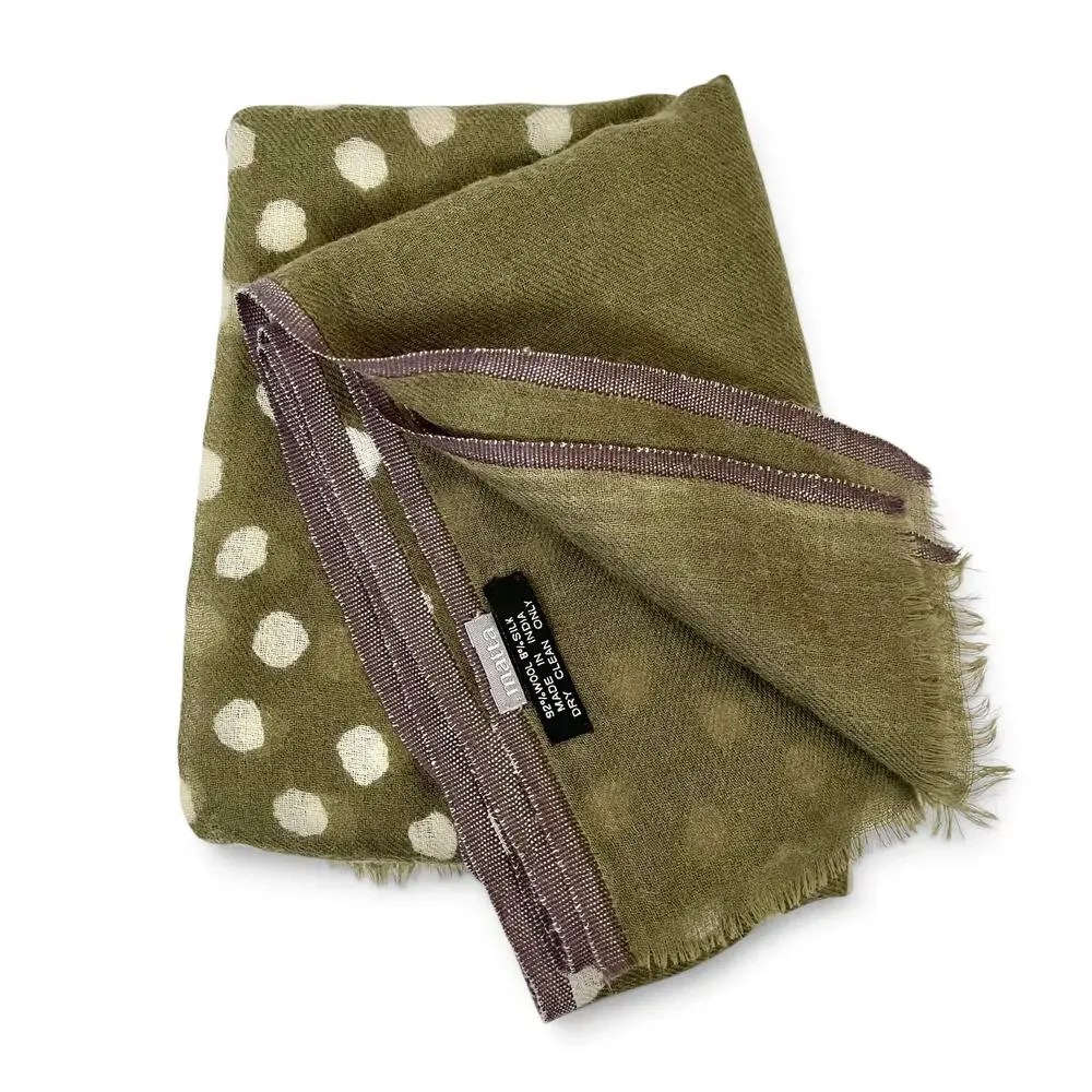 Matta Wool Silk Olive Green White Polka-Dot Lightweight Patti Scarf